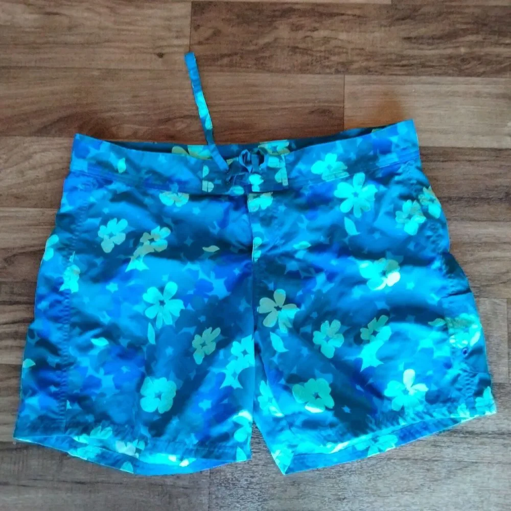 Cabela's‎ Mens Large Board Shorts Surf Swim Trunks Blue Tropical Flowers Tiki